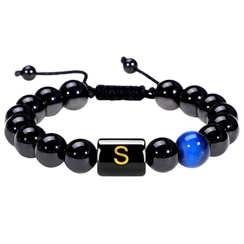 RWGSNB Edelstein Armband Damen, Herren Damen Initialen Perlenarmbänder Natürlicher Schwarzer Onyx Tigerauge Stein Armband Az Buchstabe Handgefertigt Geflochtenes Armband Edelstein Armreifen Person von RWGSNB