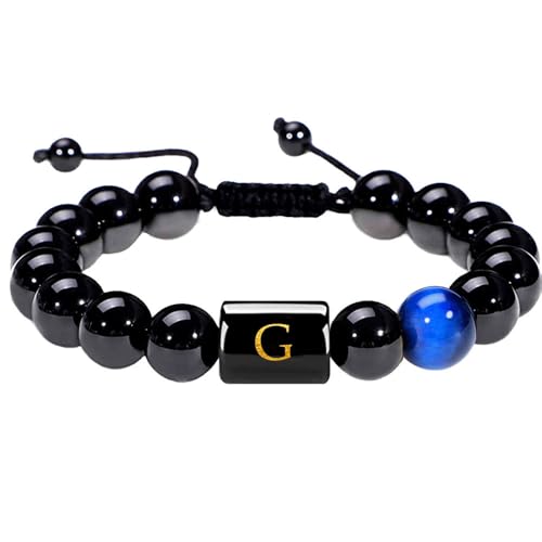 RWGSNB Edelstein Armband Damen, Herren Damen Initialen Perlenarmbänder Natürlicher Schwarzer Onyx Tigerauge Stein Armband Az Buchstabe Handgefertigt Geflochtenes Armband Edelstein Armreifen Person von RWGSNB