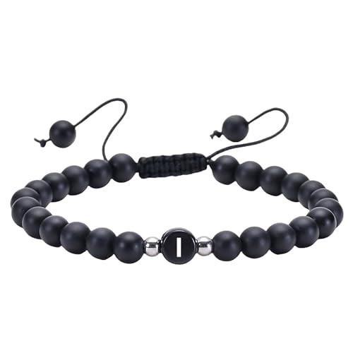 RWGSNB Edelstein Armband Damen, Initialen Armband für Paare 6 Mm Mattschwarzes Achat Perlen Edelstein Armband mit Dem Buchstaben Az Verstellbare Geflochtene Seilstein Armreifen Zierlicher Kristalls von RWGSNB