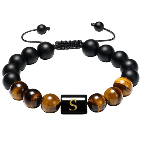 RWGSNB Edelstein Armband Damen, Initialen Perlenarmbänder für Damen und Herren 10 Mm Mattschwarzer Achat Tigerauge Steinarmbänder Buchstaben Az Verstellbar Geflochtenes Seil Edelstein Armreifen S von RWGSNB