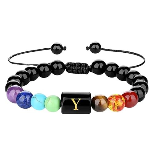 RWGSNB Edelstein Armband Damen, Männer Frauen 7 Chakra Armband mit Az Buchstaben Schwarzen Obsidian Anfangsperlenarmbändern Verstellbarem Geflochtenem Seil Stressabbau Natürlichen Kristallen Armr von RWGSNB