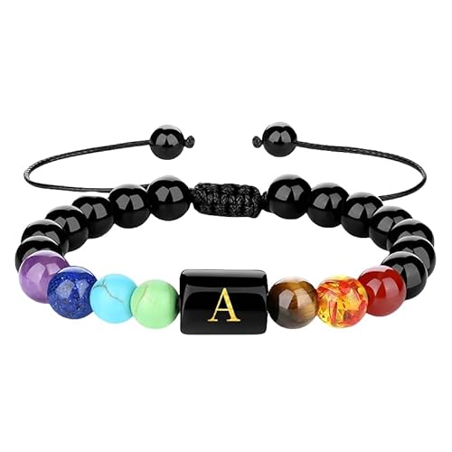 RWGSNB Edelstein Armband Damen, Männer Frauen 7 Chakra Armband mit Az Buchstaben Schwarzer Obsidian Initialen Perlenarmbänder Verstellbares Geflochtenes Seil Stressabbau Natürliche Kristalle Armr von RWGSNB
