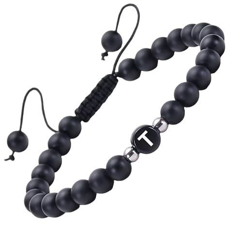 RWGSNB Edelstein Armband Damen, Mattschwarzes Achat Edelsteinarmband mit Dem Buchstaben Az Zierliches Initialenarmband Verstellbar Geflochtenes Seil Reiki Perlen Steinarmreifen Kristalle Schmuck Ges von RWGSNB