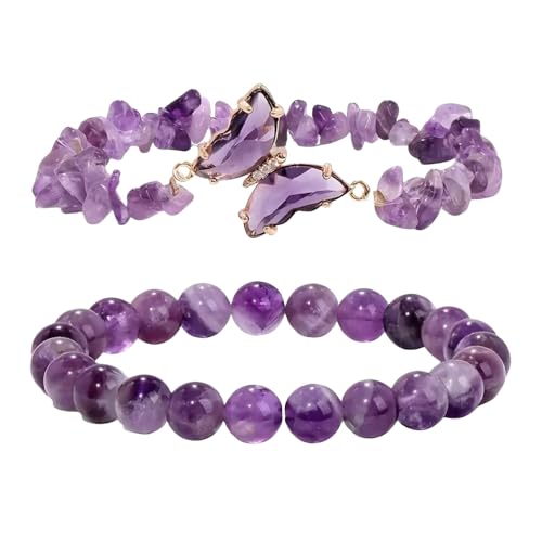 RWGSNB Edelstein Armband Damen, Schmetterlingsarmbänder 2Er Set Freundschaftsarmreifen mit Edelsteinperlen Balance Energiestein Reiki Yoga Armreifen Spiritueller Kristallschmuck Geschenk für Fraue von RWGSNB
