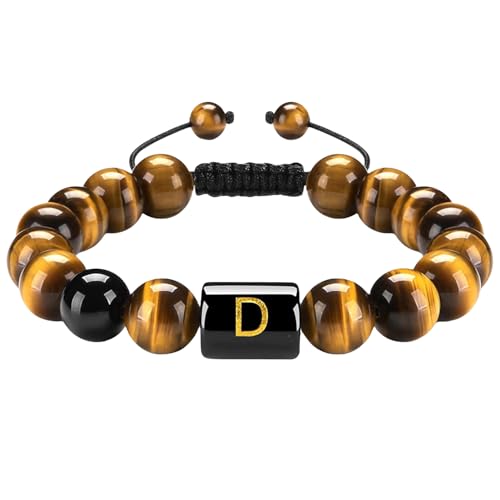 RWGSNB Edelsteinarmband, 10 Mm Natürliche Tigerauge Steinarmbänder mit Az Buchstaben Anfangsperlen Edelsteinarmband Handgefertigt Geflochten Lebendiger Kristallarmreif Schmuckgeschenke für Frauen von RWGSNB