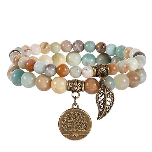 RWGSNB Edelsteinarmband, 2Er Pack Chakra Armbänder für Damen Herren Echte Chakra Steine Edelstein Perlenarmreifen mit Lebensbaum Anhänger Reiki Yoga Angst Armreifen Set Kristallschmuck Farbi von RWGSNB