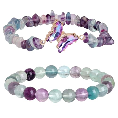RWGSNB Edelsteinarmband, 2Er Pack Schmetterlingsarmbänder Aus Natürlichem Kristall Mehrlagige Edelsteinperlen Reiki Yoga Armreifen Energieausgleichsstein Freundschaftsarmreifen Spiritueller S von RWGSNB