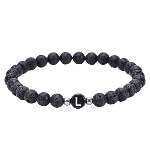 RWGSNB Edelsteinarmband, 6 Mm Natürliche Schwarze Lavaperlen Steinarmbänder mit Az Buchstaben Zierliche Edelstein Anfangsarmbänder Dehnbarer Kristallarmreif Spiritueller Schmuck Geschenke für Fr von RWGSNB