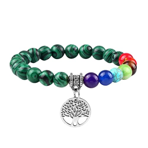 RWGSNB Edelsteinarmband, 7 Chakra Armband für Damen Herren Lebensbaum Chakra Echte Steine Angst Armreifen Natürlicher Edelstein Reiki Yoga Armreifen Energiekristall Schmuck Geschenke Malachit von RWGSNB