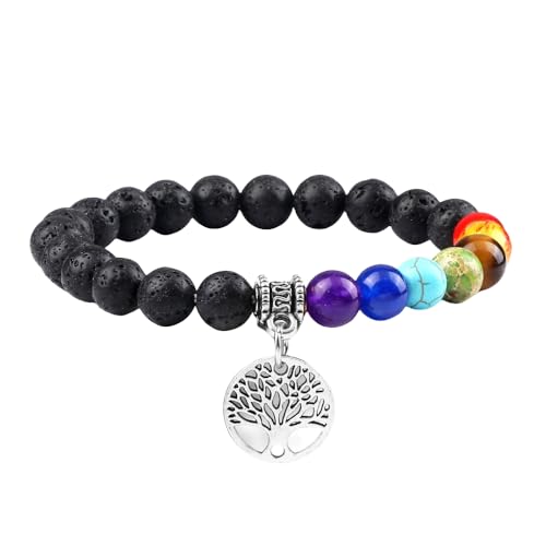 RWGSNB Edelsteinarmband, 7 Chakra Armband für Damen Herren Lebensbaum Chakra Echte Steine Angst Armreifen Natürlicher Edelstein Reiki Yoga Armreifen Energiekristall Schmuck Geschenke Schwarz von RWGSNB