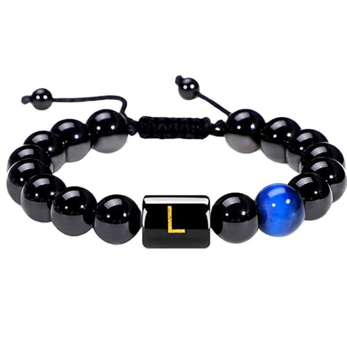 RWGSNB Edelsteinarmband, Armbänder Aus Natürlichem Schwarzem Achat Edelstein mit Den Buchstaben Az Personalisierte Perlenarmbänder mit Initialen Verstellbare Geflochtene Kristallarmreifen Schmuck von RWGSNB