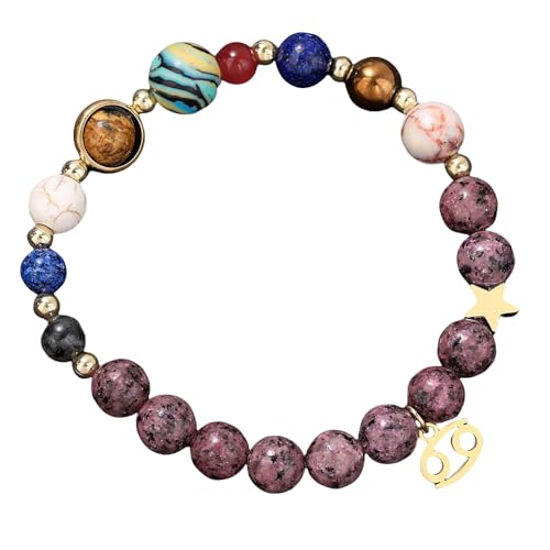 RWGSNB Edelsteinarmband, Edelsteinarmband mit Sonnensystem und Anhänger mit 12 Sternbildern 8 Mm Natürliche Violette Granitperlen Armbänder Schutzkristall Armreifen für Männer und Frauen Krebs von RWGSNB