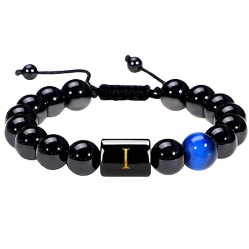 RWGSNB Edelsteinarmband, Herren Damen Initialen Perlenarmbänder Natürlicher Schwarzer Onyx Tigerauge Stein Armband Az Buchstabe Handgefertigt Geflochtenes Armband Edelstein Armreifen Personalisier von RWGSNB