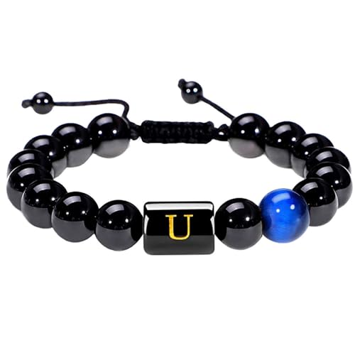 RWGSNB Edelsteinarmband, Herren Damen Initialen Perlenarmbänder Natürlicher Schwarzer Onyx Tigerauge Stein Armband Az Buchstabe Handgefertigt Geflochtenes Armband Edelstein Armreifen Personalisier von RWGSNB