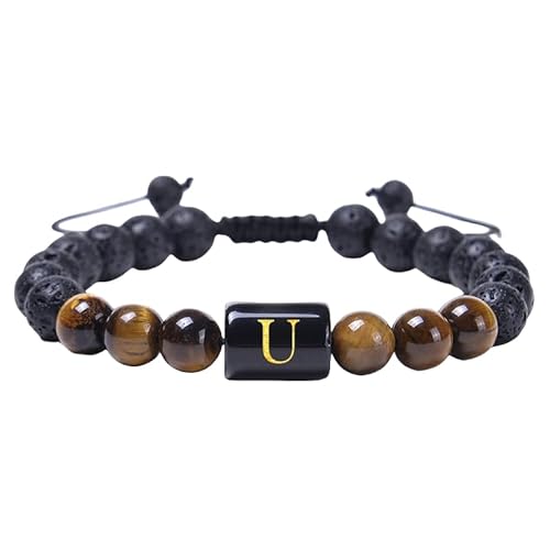 RWGSNB Edelsteinarmband, Herren Damen Initialen Perlenarmbänder Natürlicher Schwarzer Onyx Tigerauge Stein Armband Az Buchstabe Handgefertigt Geflochtenes Armband Edelstein Armreifen Personalisier von RWGSNB
