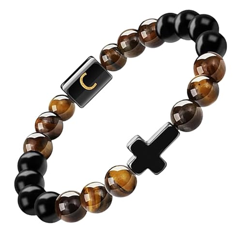 RWGSNB Edelsteinarmband, Initialen Perlenarmbänder für Damen und Herren 10 Mm Mattschwarzer Achat Tigerauge Steinarmbänder Buchstaben Az Verstellbar Geflochtenes Seil Edelstein Armreifen Schmuck von RWGSNB