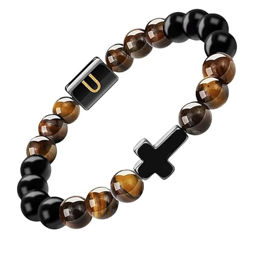 RWGSNB Edelsteinarmband, Initialen Perlenarmbänder für Damen und Herren 10 Mm Mattschwarzer Achat Tigerauge Steinarmbänder Buchstaben Az Verstellbar Geflochtenes Seil Edelstein Armreifen Schmuck von RWGSNB