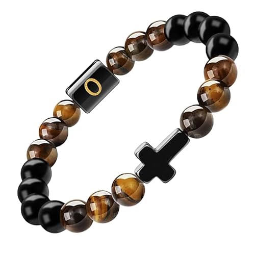 RWGSNB Edelsteinarmband, Initialen Perlenarmbänder für Damen und Herren 10 Mm Mattschwarzer Achat Tigerauge Steinarmbänder Buchstaben Az Verstellbar Geflochtenes Seil Edelstein Armreifen Schmuck von RWGSNB
