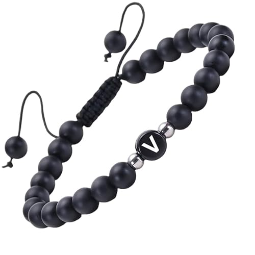 RWGSNB Edelsteinarmband, Mattschwarzes Achat Edelsteinarmband mit Dem Buchstaben Az Zierliches Initialenarmband Verstellbar Geflochtenes Seil Reiki Perlen Steinarmreifen Kristalle Schmuck Geschenk f von RWGSNB