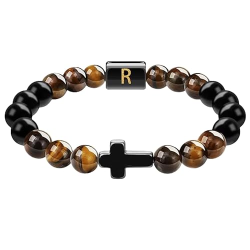RWGSNB Edelsteinarmband, Natürliche Schwarze Achat Edelsteinarmbänder mit Den Buchstaben Az Personalisierte Perlenarmbänder mit Initialen Verstellbare Geflochtene Kristallarmreifen Schmuckgeschen von RWGSNB