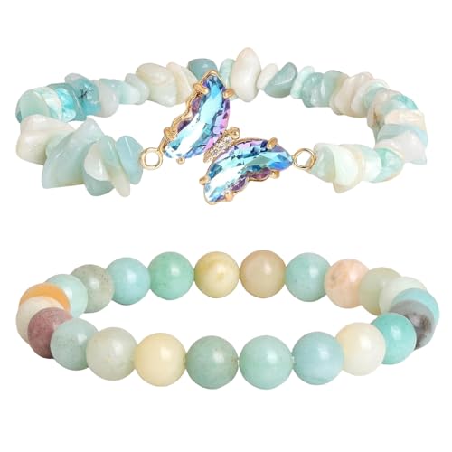 RWGSNB Edelsteinarmband, Schmetterlingsarmbänder 2Er Set Freundschaftsarmreifen mit Edelsteinperlen Balance Energiestein Reiki Yoga Armreifen Spiritueller Kristallschmuck Geschenk für Frauen von RWGSNB