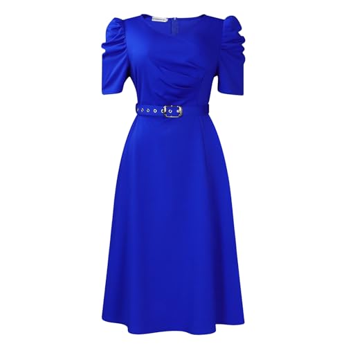 RWGSNB Elegante Kleider Damen Damenkleider mit V Ausschnitt Gerüschten Kurzen Ärmeln Einfarbig Hohe Taille A Linien Kleid mit Gürtel Midikleid Abendkleid für Den Alltag Arbeit Büro Dating Blau von RWGSNB