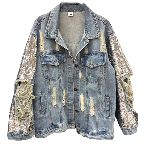 RWGSNB Female Jeansjacke, Jeansjacke für Damen Glänzende Pailletten Jeansjacke für Damen Zerrissene Blaue Jeansjacke Lässige Trucker Jeansjacke mit Knöpfen Western Jeansmantel mit Taschen M von RWGSNB