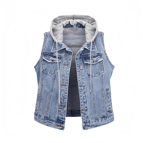 RWGSNB Jeansweste Damen Blaue Schmale Kurze Jeansweste Persönlichkeit Gewaschen Ausgefranst Zerrissene Jeansweste Jacke Abnehmbare Kapuze Ärmellose Sommer-Jeansmantel Xxl von RWGSNB