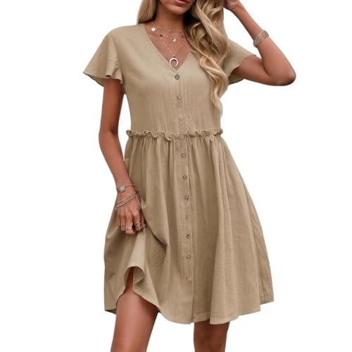 RWGSNB Kleider für Damen, Damen Sommerkleid Lässig Midikleid Elegant V Ausschnitt Rüschen Babydoll Sommerkleid Kurze Ärmel Knielang Fließendes Strandkleid Outfit für Party Urlaub Alltag Khaki XL von RWGSNB