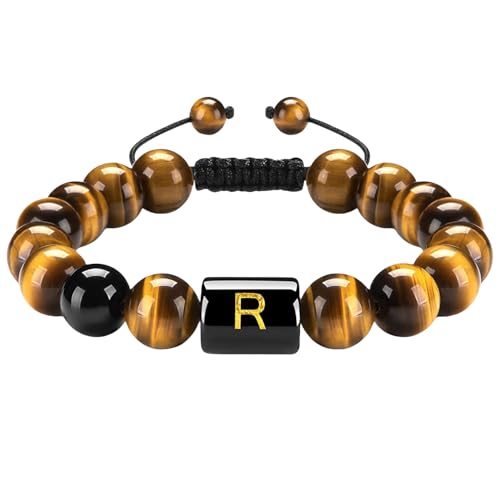 RWGSNB Kristall Armband, 10 Mm Natürliche Tigerauge Steinarmbänder mit Az Buchstaben Anfangsperlen Edelsteinarmband Handgefertigt Geflochten Lebendiger Kristall Armreif Schmuckgeschenke für Fraue von RWGSNB