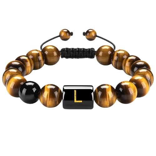 RWGSNB Kristall Armband, 10 Mm Natürliche Tigerauge Steinarmbänder mit Az Buchstaben Anfangsperlen Edelsteinarmband Handgefertigt Geflochten Lebendiger Kristallarmreif Schmuckgeschenke für Frauen von RWGSNB