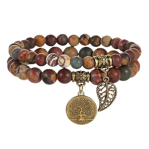 RWGSNB Kristall Armband, 2Er Pack Chakra Armbänder Set Mehrschichtige Echte Steine Boho Schmuck Armreifen mit Lebensbaum Anhänger Energie Edelstein Perlen Freundschaftsarmreifen Kristallschmuck Pi von RWGSNB