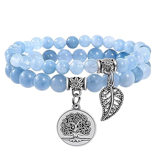 RWGSNB Kristall Armband, 2Er Pack Chakra Armbänder für Damen Herren Echte Chakra Steine Edelstein Perlenarmreifen mit Lebensbaum Anhänger Reiki Yoga Angst Armreifen Set Kristallschmuck Aquamarin von RWGSNB