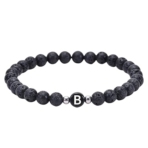 RWGSNB Kristall Armband, 6 Mm Natürliche Schwarze Lavaperlen Steinarmbänder mit Az Buchstaben Zierliche Edelstein Anfangsarmbänder Dehnbarer Kristallarmreif Spiritueller Schmuck Geschenke für Fr von RWGSNB
