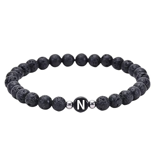 RWGSNB Kristall Armband, 6 Mm Natürliche Schwarze Lavaperlen Steinarmbänder mit Dem Buchstaben Az Zierliche Edelstein Anfangsarmbänder Dehnbarer Kristallarmreif Spiritueller Schmuck Geschenke fü von RWGSNB