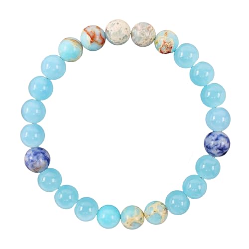 RWGSNB Kristall Armband, 8 Mm Natürliche Aquamarin Edelsteinarmbänder Zierliche Perlen Shoushan Steinarmbänder Elastische Ruhige Energiekristall Armreifen Schmuckgeschenke für Frauen und Männer von RWGSNB