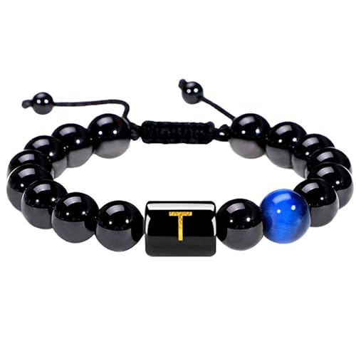 RWGSNB Kristall Armband, Armbänder Aus Natürlichem Schwarzem Achat Edelstein mit Den Buchstaben Az Personalisierte Perlenarmbänder mit Initialen Verstellbare Geflochtene Kristallarmreifen Schmuck von RWGSNB