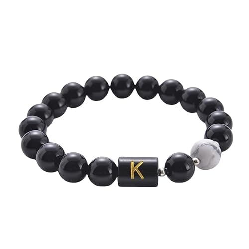 RWGSNB Kristall Armband, Armband Aus Natürlichem Schwarzem Lava Edelstein mit Dem Buchstaben Az Personalisiertes Armbänder mit Initialen Dehnbar Armreifen Aus Weißem Türkisstein Kristallschmuck von RWGSNB