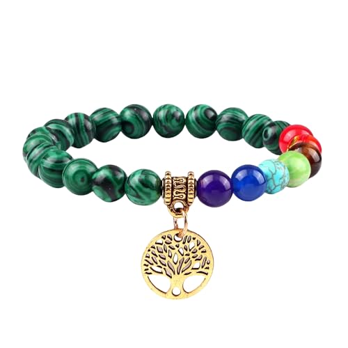 RWGSNB Kristall Armband, Echte Steine Chakra Armband mit Lebensbaum Reiki Yoga Armreifen Natürlicher Edelstein Chakra Steine Angst Armreifen Energie Kristall Schmuck Geschenke für Frauen Männer M von RWGSNB
