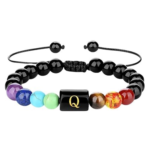 RWGSNB Kristall Armband, Herren Damen 7 Chakra Armband mit A Z Buchstaben Schwarze Obsidian Anfangsperlenarmbänder Verstellbares Geflochtenes Seil Stressabbau Natürliche Kristalle Armreifen Schmuc von RWGSNB
