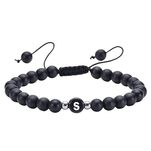 RWGSNB Kristall Armband, Initialen Armband für Paare 6 Mm Mattschwarzes Achat Perlen Edelstein Armbänder mit Dem Buchstaben Az Verstellbare Geflochtene Seil Stein Armreifen Zierlicher Kristallschm von RWGSNB