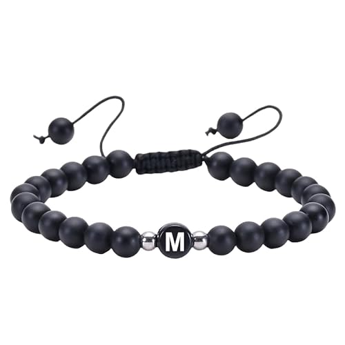 RWGSNB Kristall Armband, Initialen Armband für Paare 6 Mm Mattschwarzes Achat Perlen Edelstein Armbänder mit Dem Buchstaben Az Verstellbare Geflochtene Seil Stein Armreifen Zierlicher Kristallschm von RWGSNB