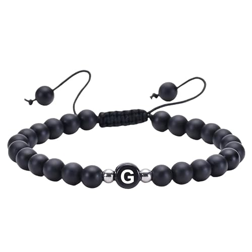 RWGSNB Kristall Armband, Initialen Armband für Paare 6 Mm Mattschwarzes Achat Perlen Edelstein Armbänder mit Dem Buchstaben Az Verstellbare Geflochtene Seilstein Armreifen Zierlicher Kristallschmu von RWGSNB