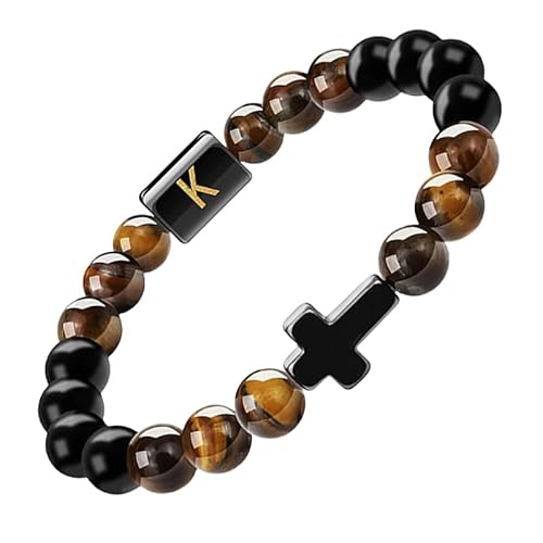RWGSNB Kristall Armband, Initialen Perlenarmbänder für Damen und Herren 10 Mm Mattschwarzer Achat Tigerauge Steinarmbänder Buchstaben Az Verstellbar Geflochtenes Seil Edelstein Armreifen Schmuck von RWGSNB