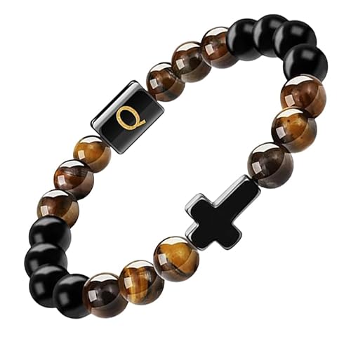 RWGSNB Kristall Armband, Initialen Perlenarmbänder für Damen und Herren 10 Mm Mattschwarzer Achat Tigerauge Steinarmbänder Buchstaben Az Verstellbar Geflochtenes Seil Edelstein Armreifen Schmuck von RWGSNB