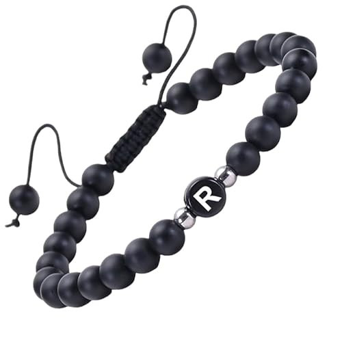 RWGSNB Kristall Armband, Mattschwarzes Achat Edelsteinarmband mit Dem Buchstaben Az Zierliches Initialenarmband Verstellbar Geflochtenes Seil Reiki Perlen Steinarmreifen Kristalle Schmuck Geschenk f von RWGSNB