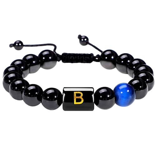 RWGSNB Kristall Armband, Natürliche Schwarze Achat Edelsteinarmbänder mit Den Buchstaben Az Personalisierte Perlenarmbänder mit Initialen Verstellbare Geflochtene Kristallarmreifen Schmuckgeschen von RWGSNB