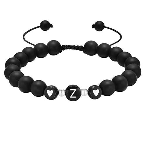 RWGSNB Kristall Armband, Personalisiertes Initialenarmband für Paare Mattschwarzes Achatperlen Edelsteinarmband Handgefertigt Geflochtenes Seil Buchstabe Az Steine Armreifen Kristallschmuck Geschen von RWGSNB