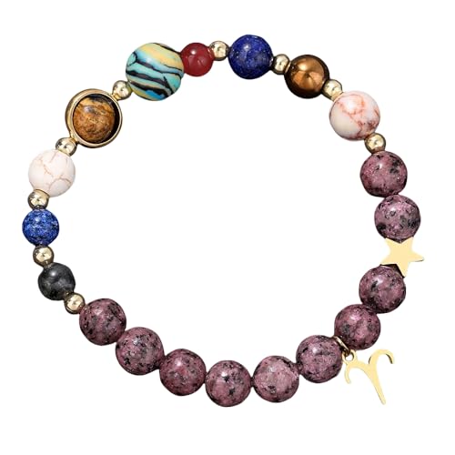 RWGSNB Kristall Armband, Sonnensystem Galaxie Armband mit 12 Sternbild Anhänger 8 Mm Natürliche Violette Granit Edelstein Armbänder Personalisierte Schutzkristall Armreifen für Männer und Fraue von RWGSNB