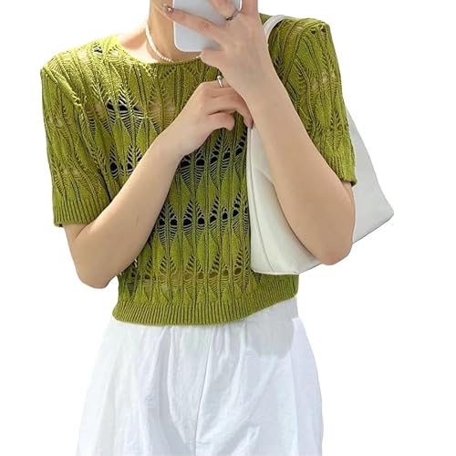 RWGSNB Leichter Häkelpullover Für Damen Im Boho Stil Aushöhlen Crop Top Sommer Kurze Ärmel Strand Cover Ups Pullover Achselzucken Bolero Bikini Coverups T Shirt Grün L von RWGSNB